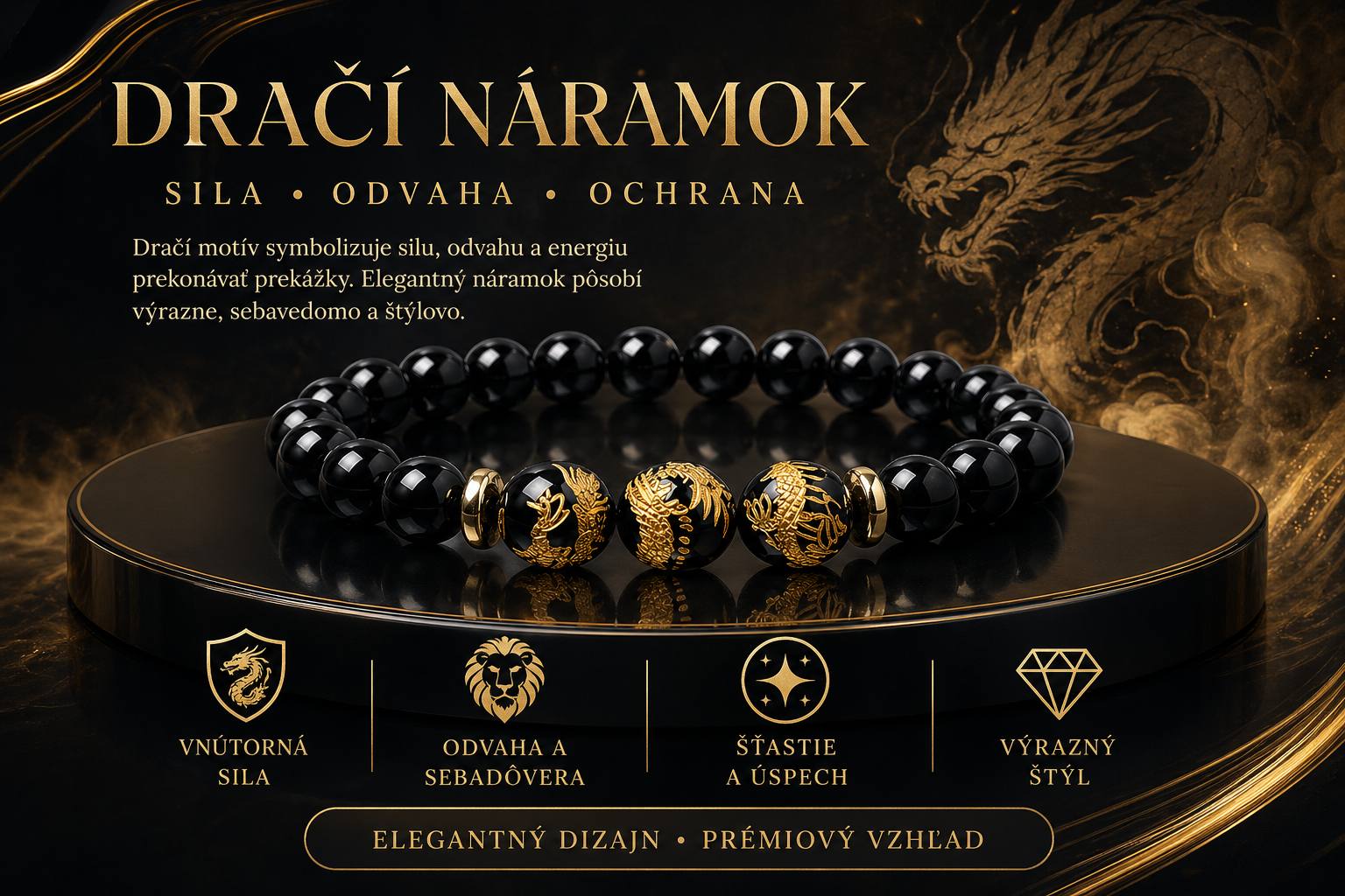 Dračí náramok achát a hematit so zlatým drakom