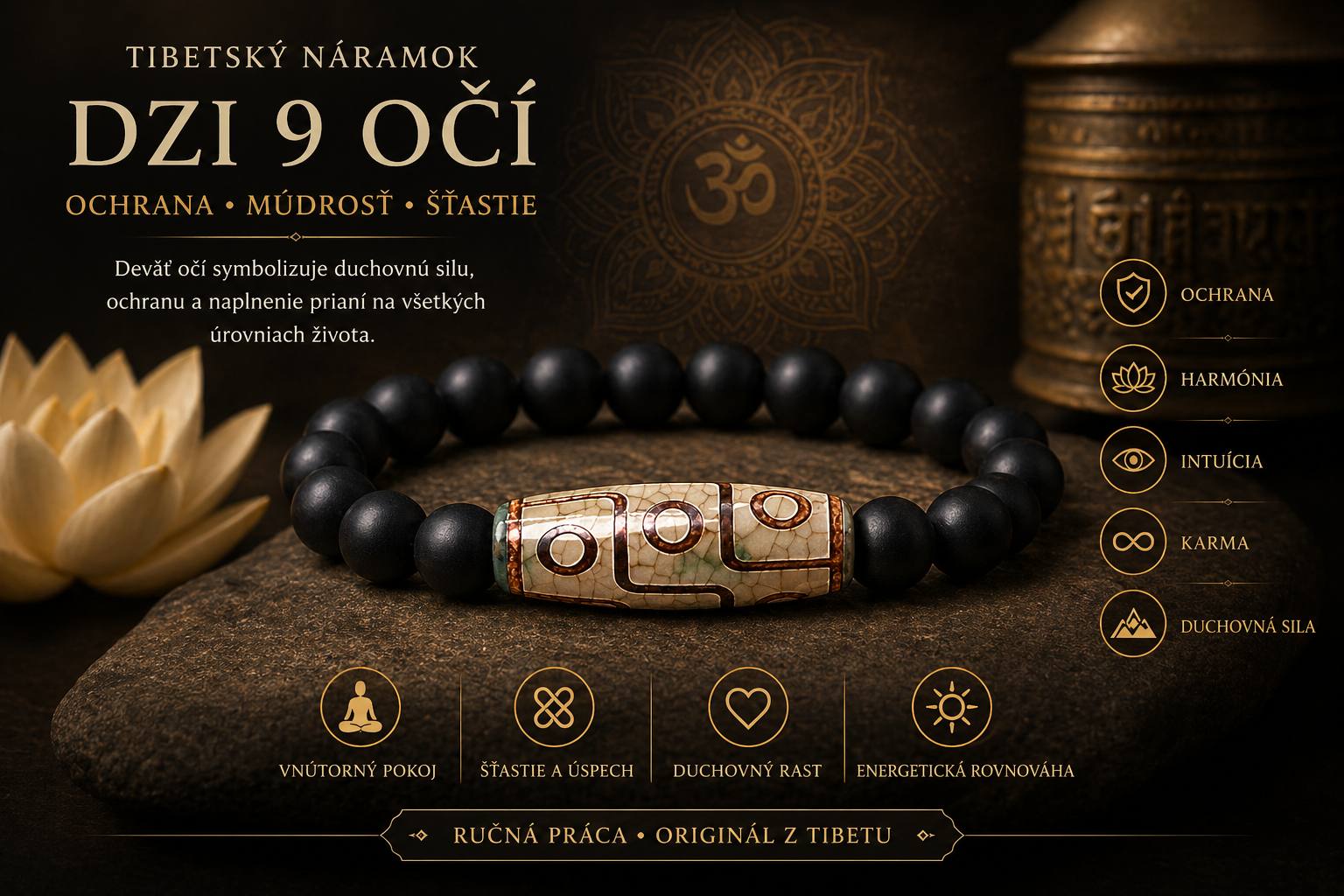 Tibetský náramok DZI 9 očí zelenkastý z achátu a matného ónyxu