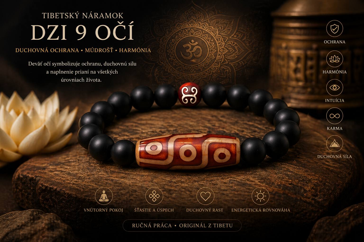 Tibetský náramok DZI 9 očí hnedastý z achátu a matného ónyxu