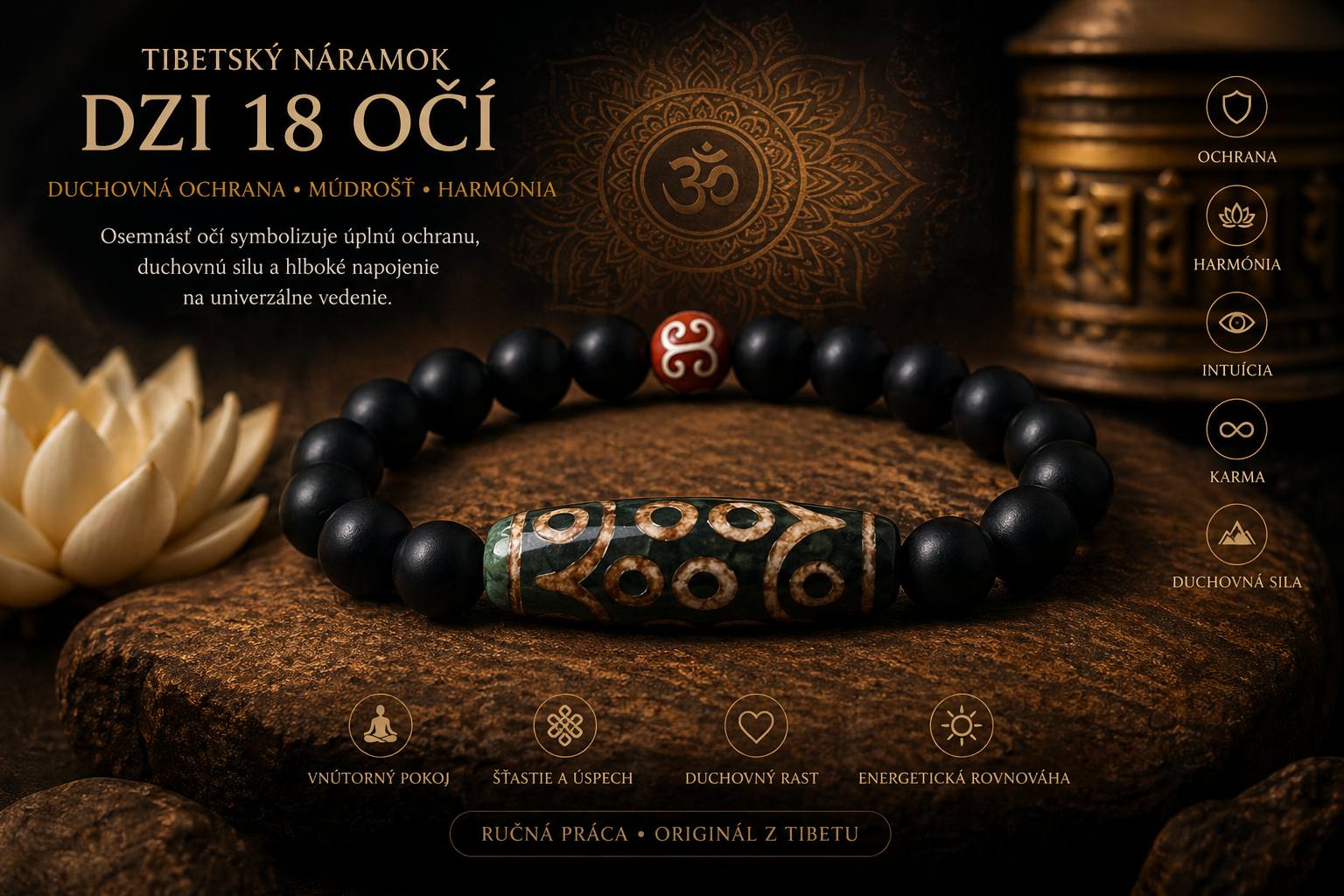 Tibetský náramok DZI 18 očí z achátu a matného ónyxu