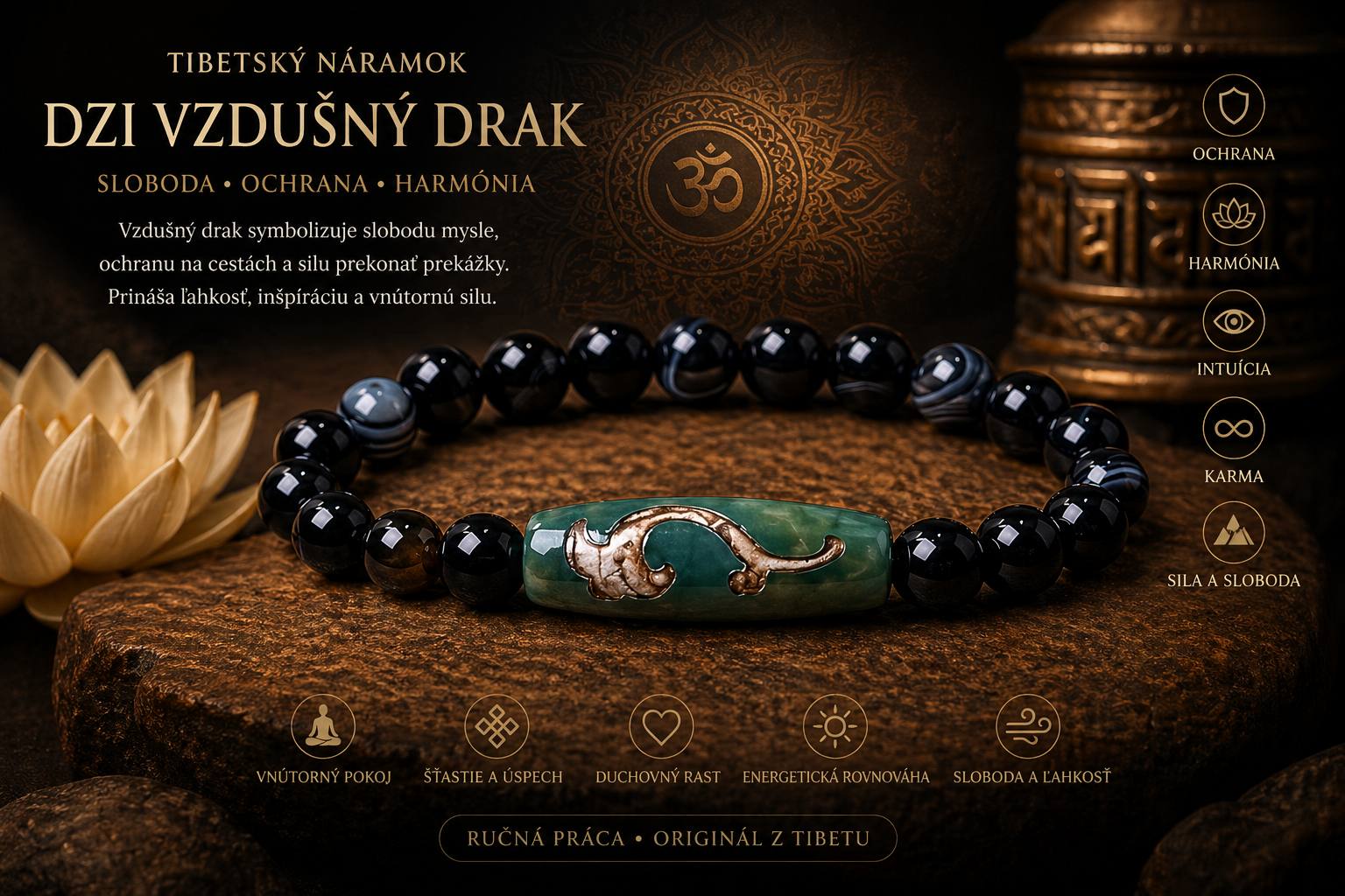 Tibetský náramok DZI Vzdušný drak s achátom čiernym krajkovým