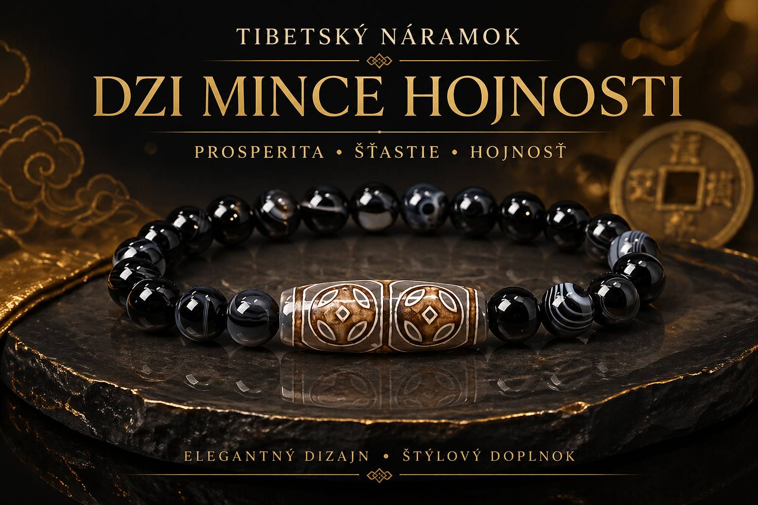 Tibetský náramok DZI Mince hojnosti s achátom čiernym krajkovým