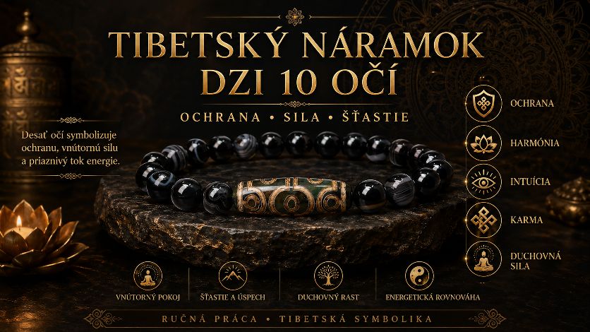 Tibetský náramok DZI 10 očí s achátom čiernym krajkovým