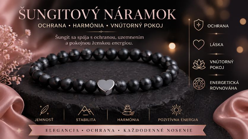 Šungit náramok so srdiečkom z nerezovej ocele